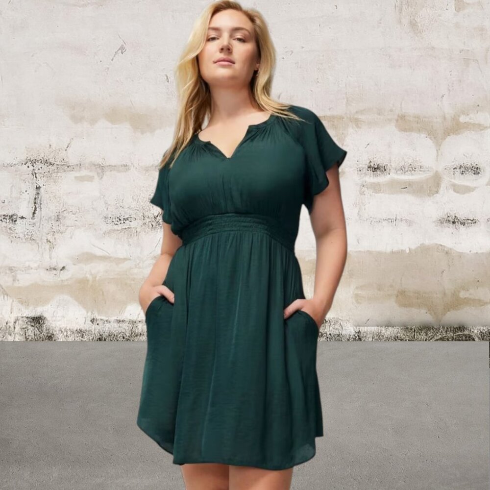 Soma Crinkle Satin Flutter Sleeve Bra Dress Green Size Medium